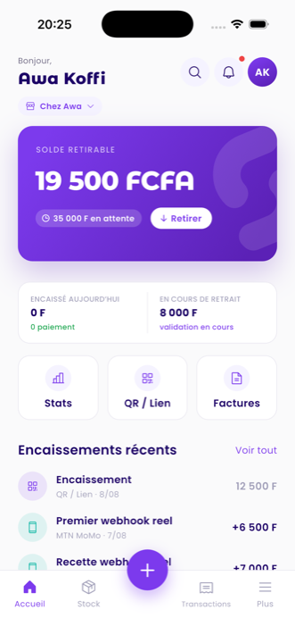 L’écran d’accueil commerçant de Sol-epay