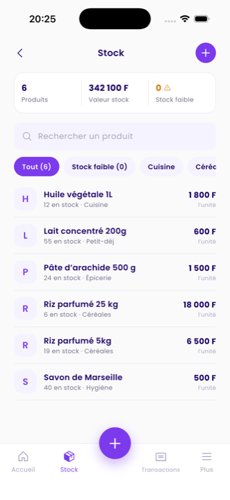 L’écran Stock de Sol-epay, avec six produits et la valeur du stock
